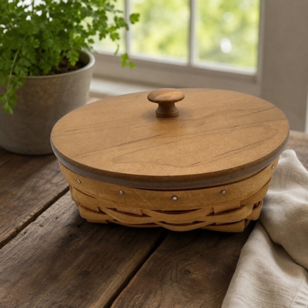 Longaberger 2001 Handwoven Oval Basket WoodCrafts Lid Vintage Cottagcore Chic 18